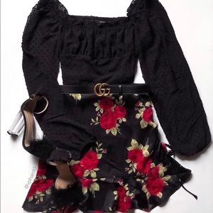 Women's Red Ruched Rose Print Skirt